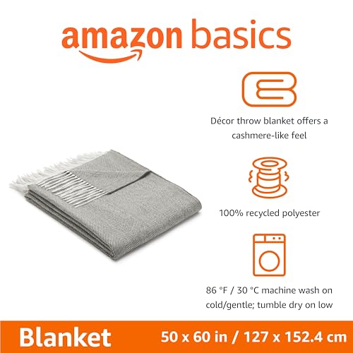 Amazon Basics Cozy Room Décor Throw Blanket, Lightweight, Recycled Polyester, Dark Gray and Light Gray Herringbone, 50"x 60"