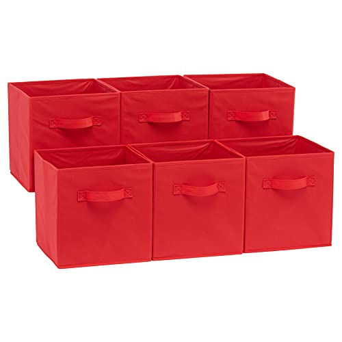 Amazon Basics Cube Organizer Storage Bins Handles, Collapsible Fabric, Pack of 6, 10.5"x10.5"x11", Red