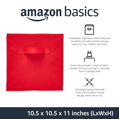 Amazon Basics Cube Organizer Storage Bins Handles, Collapsible Fabric, Pack of 6, 10.5"x10.5"x11", Red