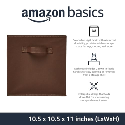Amazon Basics Cube Organizer Storage Bins Handles, Collapsible Fabric, Pack of 6, 10.5"x10.5"x11", Brown