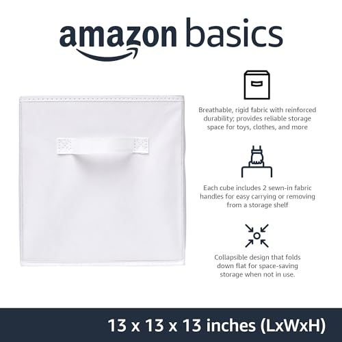 Amazon Basics Cube Organizer Storage Bins Handles, Collapsible Fabric, Pack of 6, 13"x13"x13", White