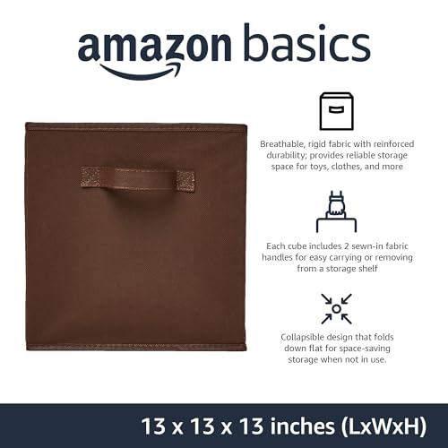 Amazon Basics Cube Organizer Storage Bins Handles, Collapsible Fabric, Pack of 6, 13"x13"x13", Brown