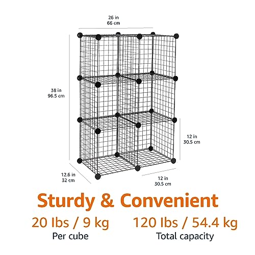 Amazon Basics Cube Wire Grid Stackable Storage Shelves, 6-Cube, 12.6"D x 26"W x 38"H, Black