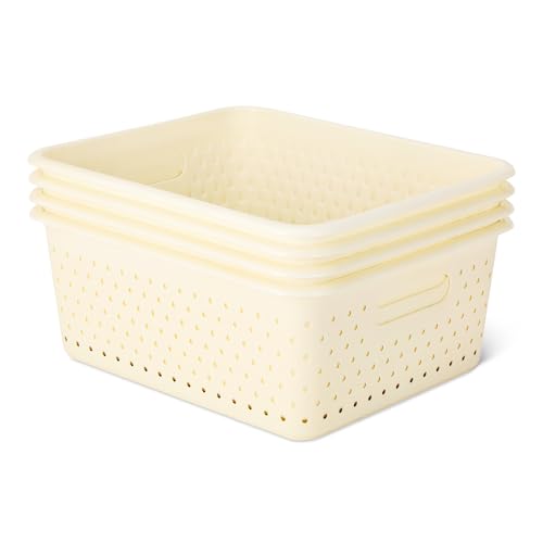 Amazon Basics Decorative BPA-Free Plastic Storage Baskets, 13.66 x 11.34 x 5.39, Ivory, Pack of 4