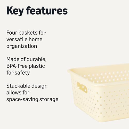 Amazon Basics Decorative BPA-Free Plastic Storage Baskets, 13.66 x 11.34 x 5.39, Ivory, Pack of 4 view 2