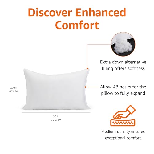 Amazon Basics Down Alternative Bed Pillow, Medium Density for Back and Side Sleepers, Queen - Pack of 2, White, 30 in L x 20 in W
