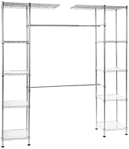 Amazon Basics Expandable Adjustable Metal Hanging Storage Organizer Rack Wardrobe with Shelves, 57-80 x 14 x 72 inches (LxWxH), Chrome