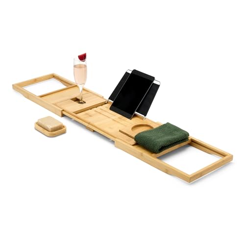 Amazon Basics Expandable Bamboo Bathtub Tray Caddy, 29.5-43 in, Spa Bath Organizer