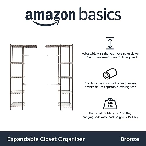 Amazon Basics Expandable Metal Hanging Closet Organizer and Storage Rack Wardrobe with Shelves, 57-80''L x 14''W x 72''H, Bronze