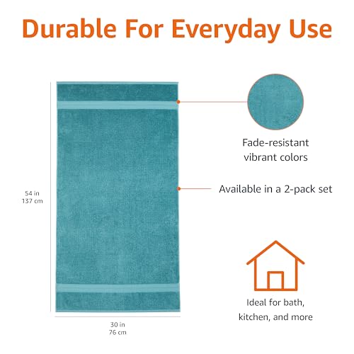 Amazon Basics Fade-Resistant 100% Cotton Bath Towel, 2 Pack, 30"x54", Teal Green