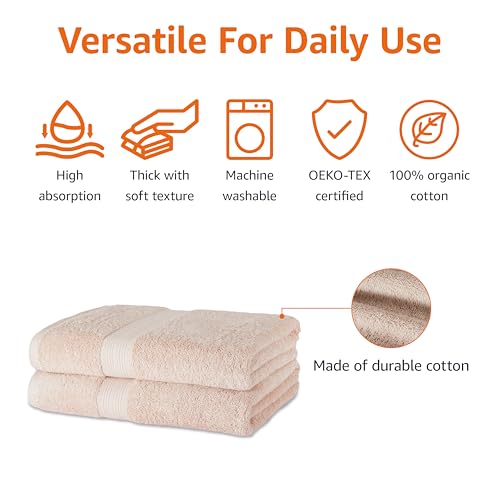 Amazon Basics Fade-Resistant 100% Cotton Bath Towel, 2 Pack, 30"x54", Blush Pink