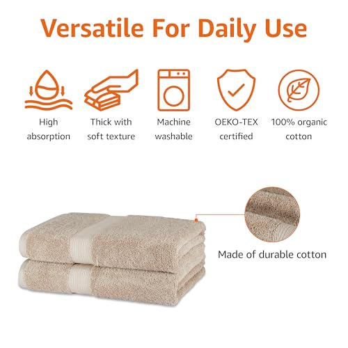 Amazon Basics Fade-Resistant 100% Cotton Bath Towel, 2 Pack, 30"x54", Taupe