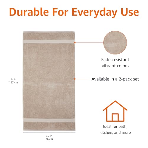 Amazon Basics Fade-Resistant 100% Cotton Bath Towel, 2 Pack, 30"x54", Taupe