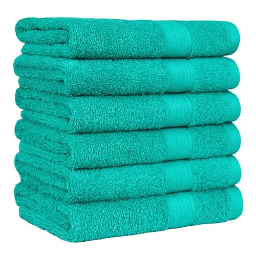 Amazon Basics Fade-Resistant 100% Cotton Hand Towels for Bathroom, Soft Absorbent, 26 x 16 inches, Teal, 6-Pack