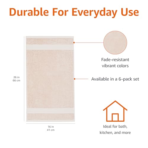 Amazon Basics Fade-Resistant 100% Cotton Hand Towel, 6 Pack, 16"x26", Blush Pink