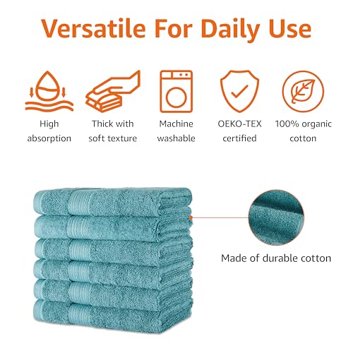 Amazon Basics Fade-Resistant 100% Cotton Hand Towel, 6 Pack, 16"x26", Teal Green