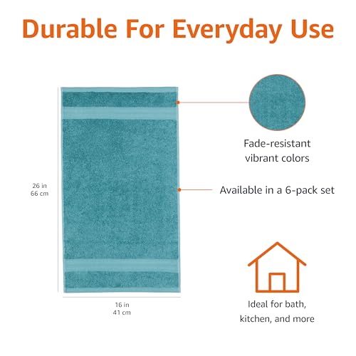 Amazon Basics Fade-Resistant 100% Cotton Hand Towel, 6 Pack, 16"x26", Teal Green