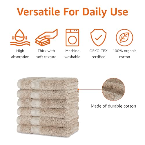Amazon Basics Fade-Resistant 100% Cotton Hand Towel, 6 Pack, 16"x26", Taupe