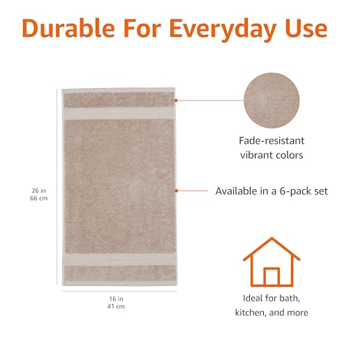 Amazon Basics Fade-Resistant 100% Cotton Hand Towel, 6 Pack, 16"x26", Taupe