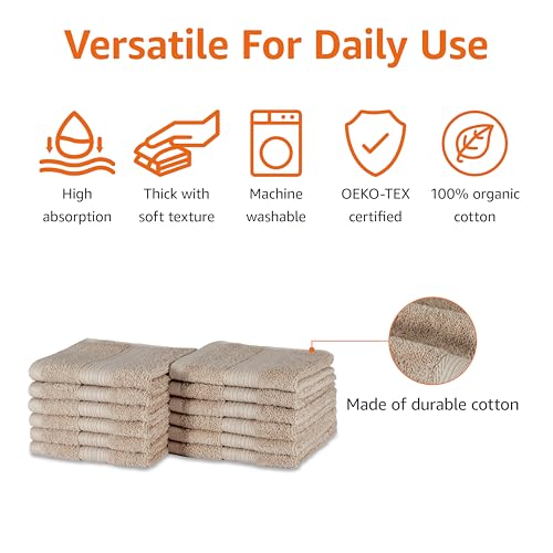Amazon Basics Fade-Resistant 100% Cotton Washcloth, 12 Pack, 12"x12", Taupe