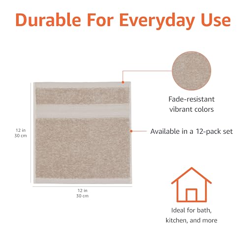 Amazon Basics Fade-Resistant 100% Cotton Washcloth, 12 Pack, 12"x12", Taupe
