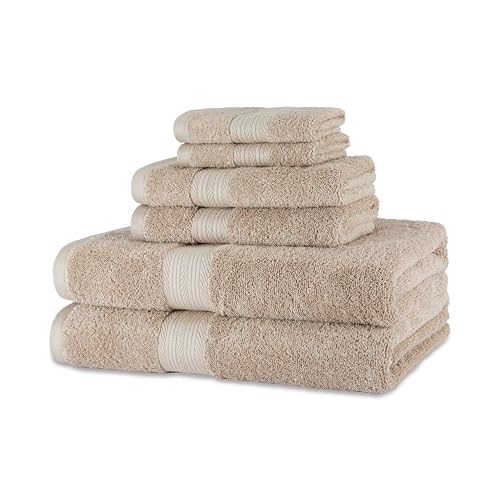 Amazon Basics Fade Resistant Bath, Hand and Washcloth Towel Set, 100% Cotton, Set of 6, 30 x 54 inches, Taupe