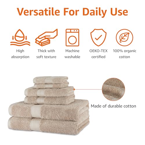 Amazon Basics Fade Resistant Bath, Hand and Washcloth Towel Set, 100% Cotton, Set of 6, 30 x 54 inches, Taupe