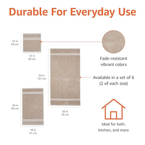 Amazon Basics Fade Resistant Bath, Hand and Washcloth Towel Set, 100% Cotton, Set of 6, 30 x 54 inches, Taupe