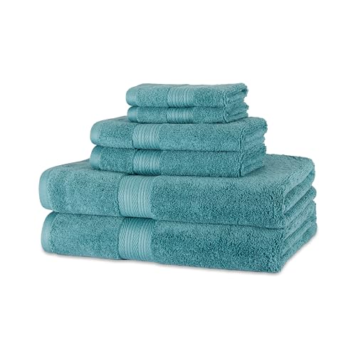 Amazon Basics Fade Resistant Bath, Hand and Washcloth Towel Set, 100% Cotton, Set of 6, 30 x 54 inches, Teal Green