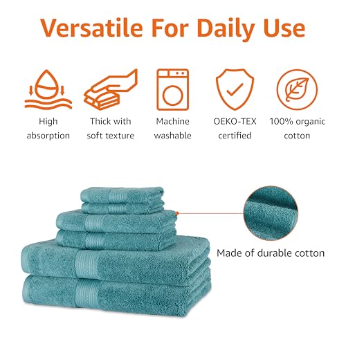 Amazon Basics Fade Resistant Bath, Hand and Washcloth Towel Set, 100% Cotton, Set of 6, 30 x 54 inches, Teal Green