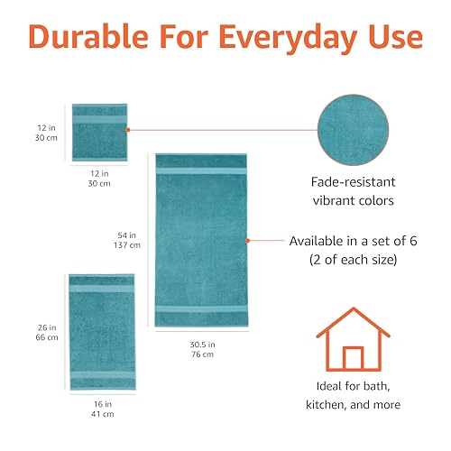 Amazon Basics Fade Resistant Bath, Hand and Washcloth Towel Set, 100% Cotton, Set of 6, 30 x 54 inches, Teal Green
