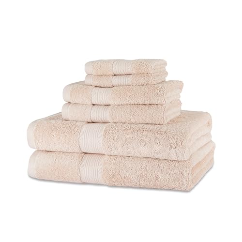 Amazon Basics Fade Resistant Bath, Hand and Washcloth Towel Set, 100% Cotton, Set of 6, 30 x 54 inches, Blush Pink