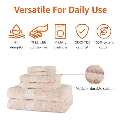 Amazon Basics Fade Resistant Bath, Hand and Washcloth Towel Set, 100% Cotton, Set of 6, 30 x 54 inches, Blush Pink