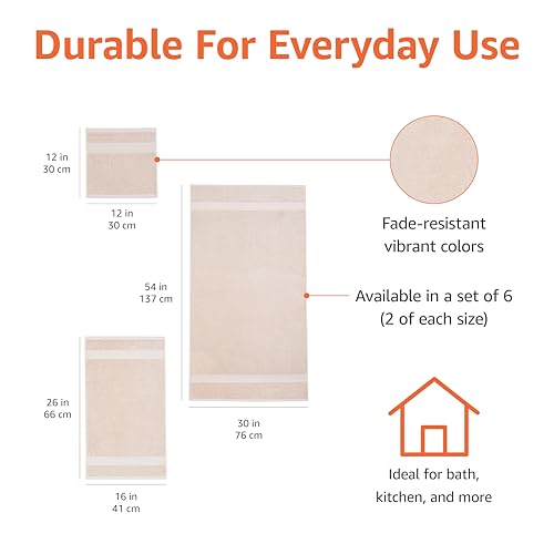 Amazon Basics Fade Resistant Bath, Hand and Washcloth Towel Set, 100% Cotton, Set of 6, 30 x 54 inches, Blush Pink