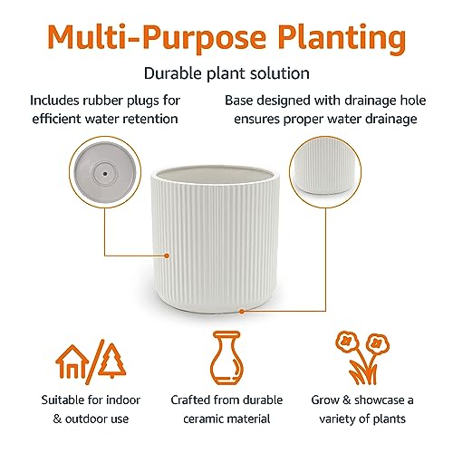 Amazon Basics Fluted Ceramic Round Planter, 10 in, White