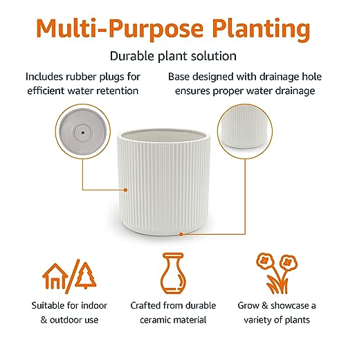 Amazon Basics Fluted Ceramic Round Planter, 8-inch, White