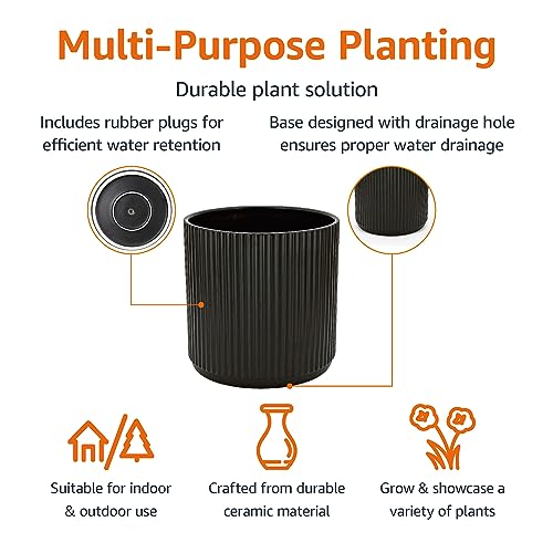 Amazon Basics Fluted Ceramic Round Planter with Drainage Hole, 10-inch, Black, Indoor Outdoor, Flower Pot view 2