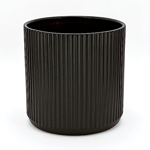 Amazon Basics Fluted Ceramic Round Planter with Drainage Hole, Indoor Outdoor Flower Pot, 8-inch, Black