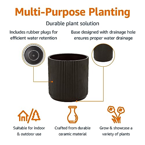 Amazon Basics Fluted Ceramic Round Planter with Drainage Hole, Indoor Outdoor Flower Pot, 8-inch, Black view 2