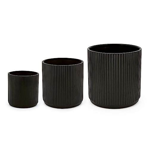 Amazon Basics Fluted Ceramic Round Planters with Drainage Hole, Indoor Outdoor Flower Pots, Assorted Sizes 6, 8, 10 inch, Set of 3, Black