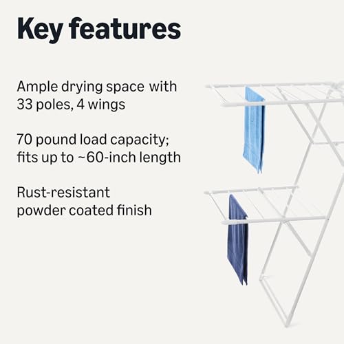 Amazon Basics Foldable 4-Wing Metal Clothes Drying Rack, 61x23.6x49.6 inches, White
