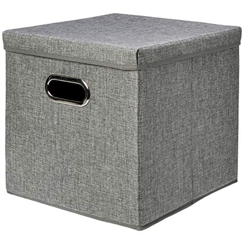 Amazon Basics Foldable Burlap Cloth Cube Storage Bin with Lid, Stackable and Sturdy, Gray, Set of 2