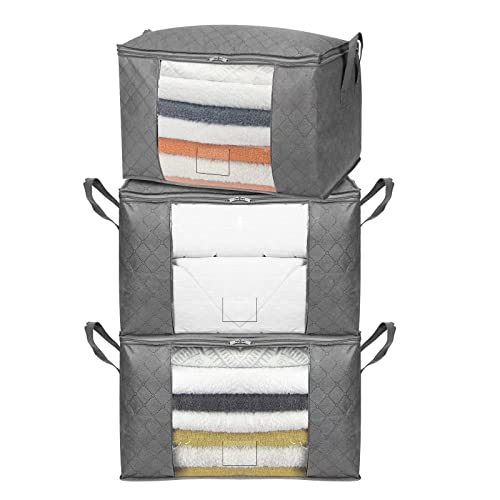 Amazon Basics Foldable Large Clothes Storage Bags with Clear Window & Carrying Handles, Closet Organizers, Zipper, 3-Pack, Gray