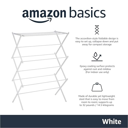 Amazon Basics Foldable Portable Clothes Drying Rack for Indoor Air Drying, Collapsible Design, 14.5" D x 29.5" W x 41.8" H, White view 2
