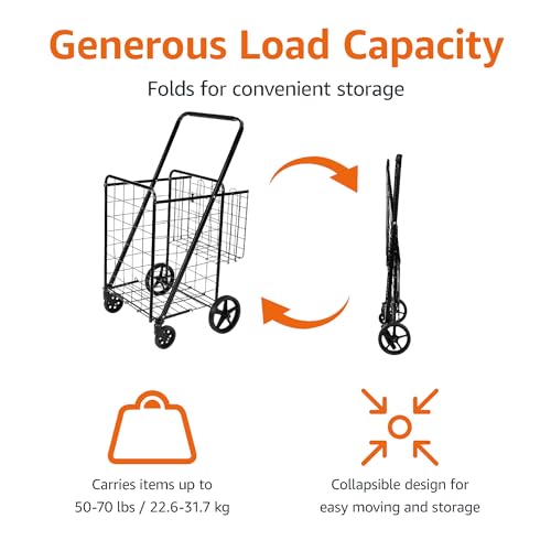 Amazon Basics Foldable Shopping Utility Cart with 360-Degree Wheels, Easy Assembly, Black, X-Large