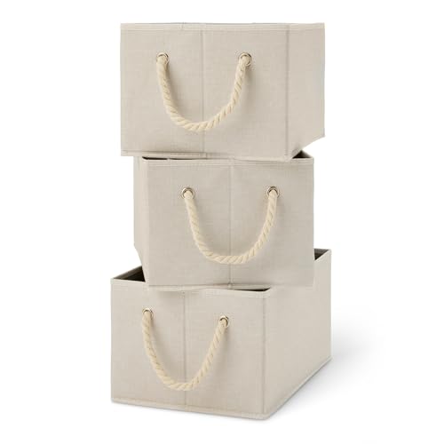 Amazon Basics Foldable Storage Bins with Rope Handles, Linen, Large, Pack of 3