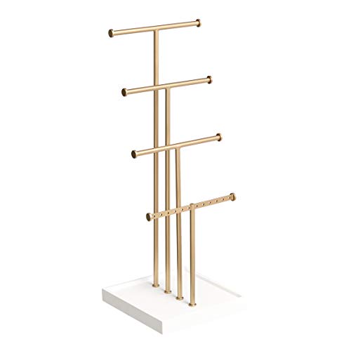 Amazon Basics Four-Tier Jewelry Organizer Tree Stand, Necklace Earring Bracelet Holder with Ring Storage, White/Brass