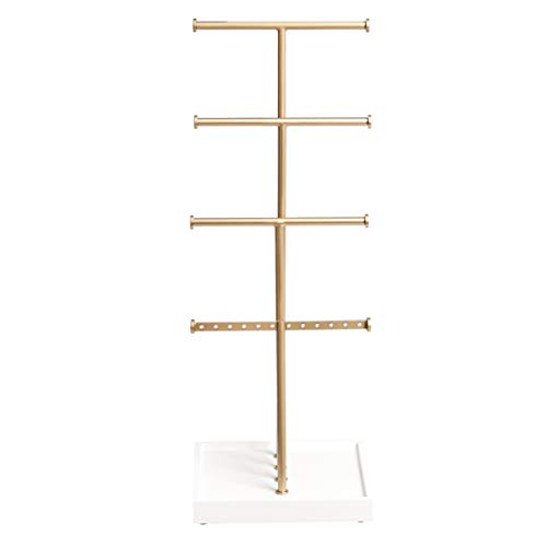 Amazon Basics Four-Tier Jewelry Organizer Tree Stand, Necklace Earring Bracelet Holder with Ring Storage, White/Brass view 2