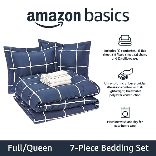 Amazon Basics Full/Queen Comforter Set with Sheets, 7-Piece Navy with Grey Plaid Bedding, Lightweight Microfiber Bed-in-a-Bag