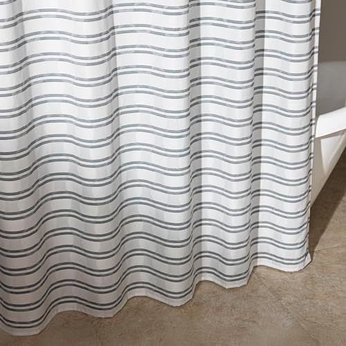 Amazon Basics Geometric Jacquard Fabric Shower Curtain for Bathroom, Lightweight, Waterproof and Washable, 72" W x 74" L, Grey Striped view 2